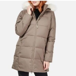 Sweaty Betty North Pole Quilted Hooded Parka with Faux Fur Trim Taupe